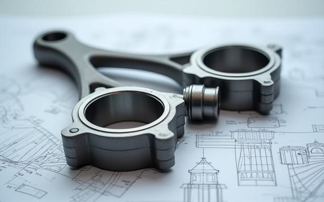 Componente motore forgiato di precisione, finitura metallica lucida.